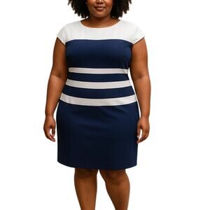 Ralph Lauren Blue White Striped Cap Sleeve Knee Length Career Sheath Dress 16